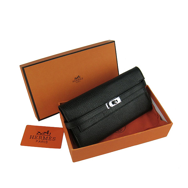 High Quality Hermes Kelly Long Clutch Bag Black H009 Replica - Click Image to Close